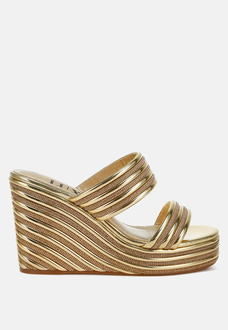 Benched Metallic Faux Leather Wedge Sandals