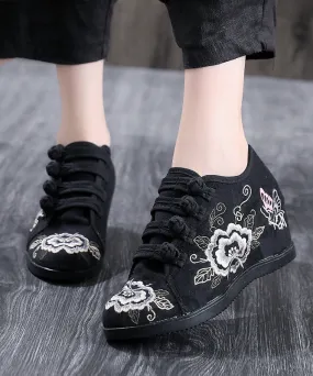 Black Cotton Fabric High Wedge Heels Shoes Embroideried Buckle Strap Flat Shoes For Women