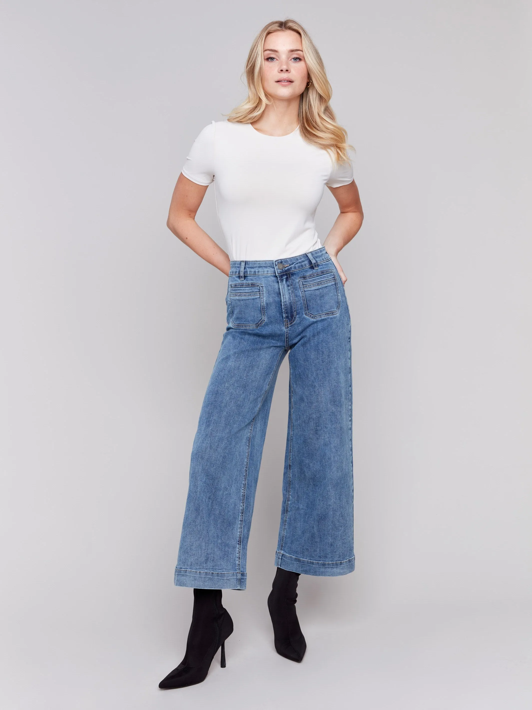 Patch Pocket Flare Jeans - Medium Blue