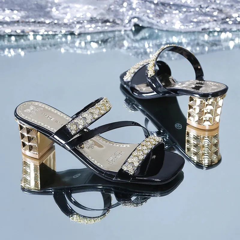 Women's Gold Silver Sandals Summer Crystal High Heels Party Shoes Woman Comfortable Thick Heel - WSD50216