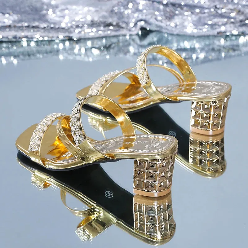 Women's Gold Silver Sandals Summer Crystal High Heels Party Shoes Woman Comfortable Thick Heel - WSD50216