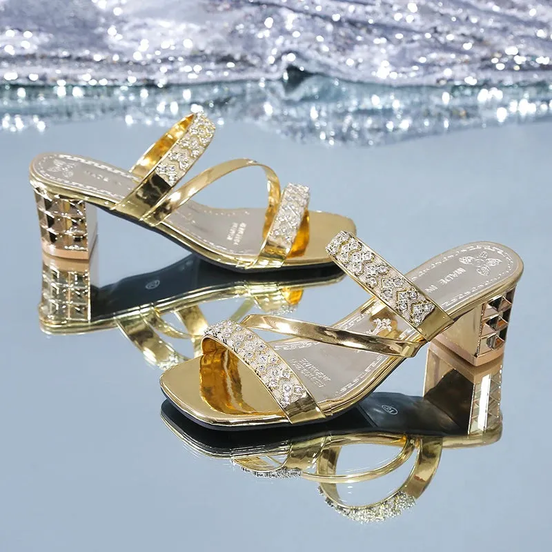 Women's Gold Silver Sandals Summer Crystal High Heels Party Shoes Woman Comfortable Thick Heel - WSD50216